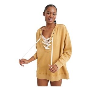 Aerie NWT Lace Up Oversized Long Sleeve Vintage Yellow Crew Sweatshirt Large